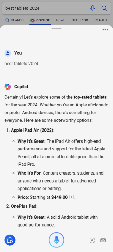 Copilot results for 'best tablets 2024 under $300 for streaming'