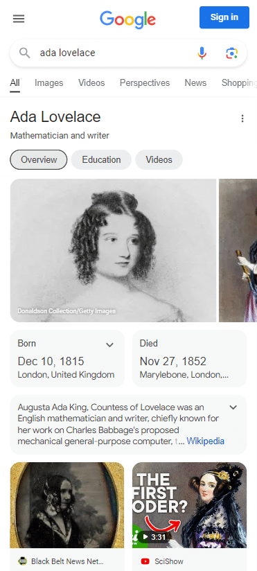 Google search results for 'ada lovelace'
