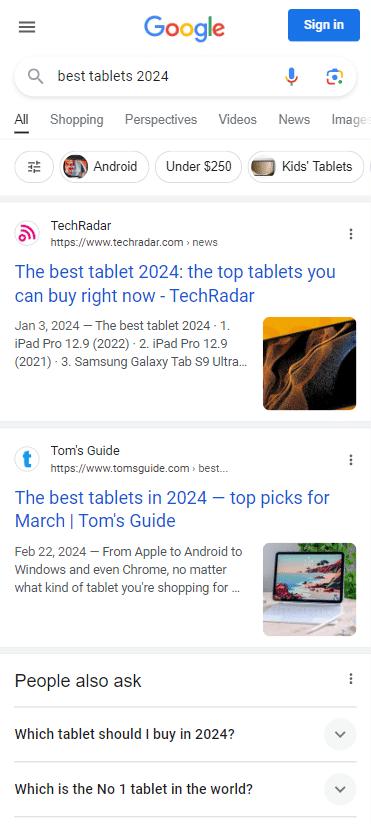 Google search results for 'best tablets 2024 under $300 for streaming'