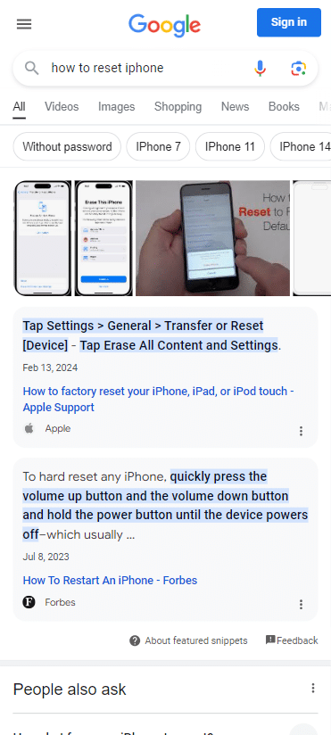 Google search results for 'how to reset iphone'