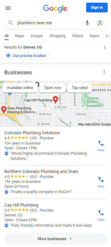Google search results for 'plumbers near me'