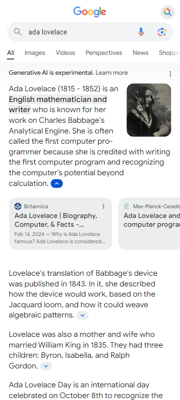 SGE search results for 'ada lovelace'
