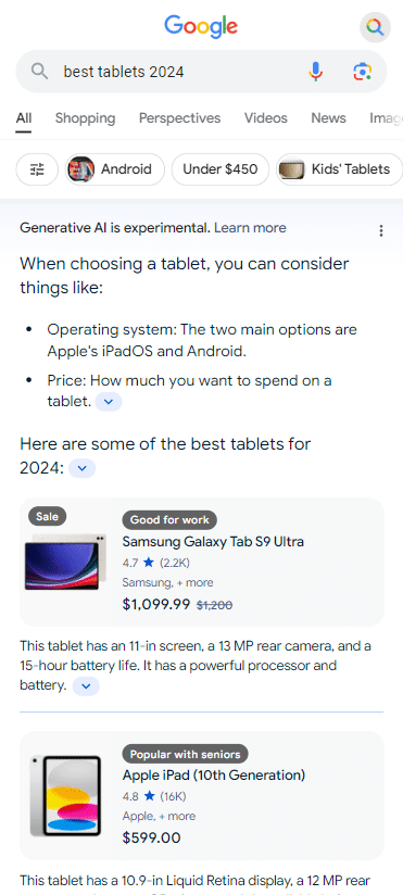 SGE results for 'best tablets 2024 under $300 for streaming'