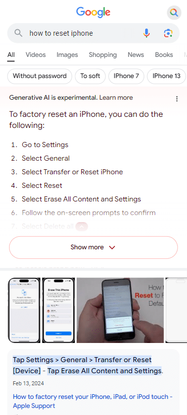 SGE results for 'how to reset iphone'