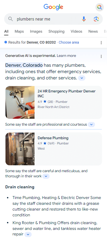 SGE results for 'plumbers near me'