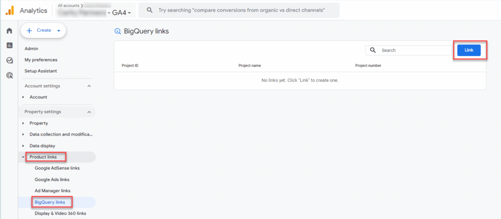 GA4 interface graphic depicting BigQuery links