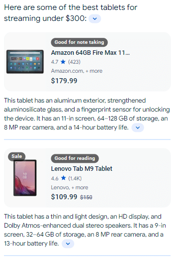 SGE results for 'best tablets 2024 under $300 for streaming' highlighting irrelevant features