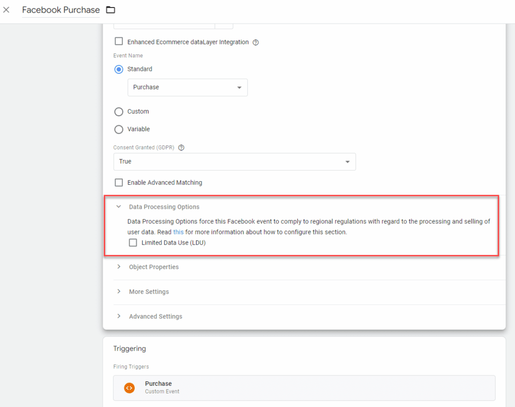 A Facebook tag in Google Tag Manager. The checkbox for Limited Data Use (L:DU) under Data Processing Options is unchecked.